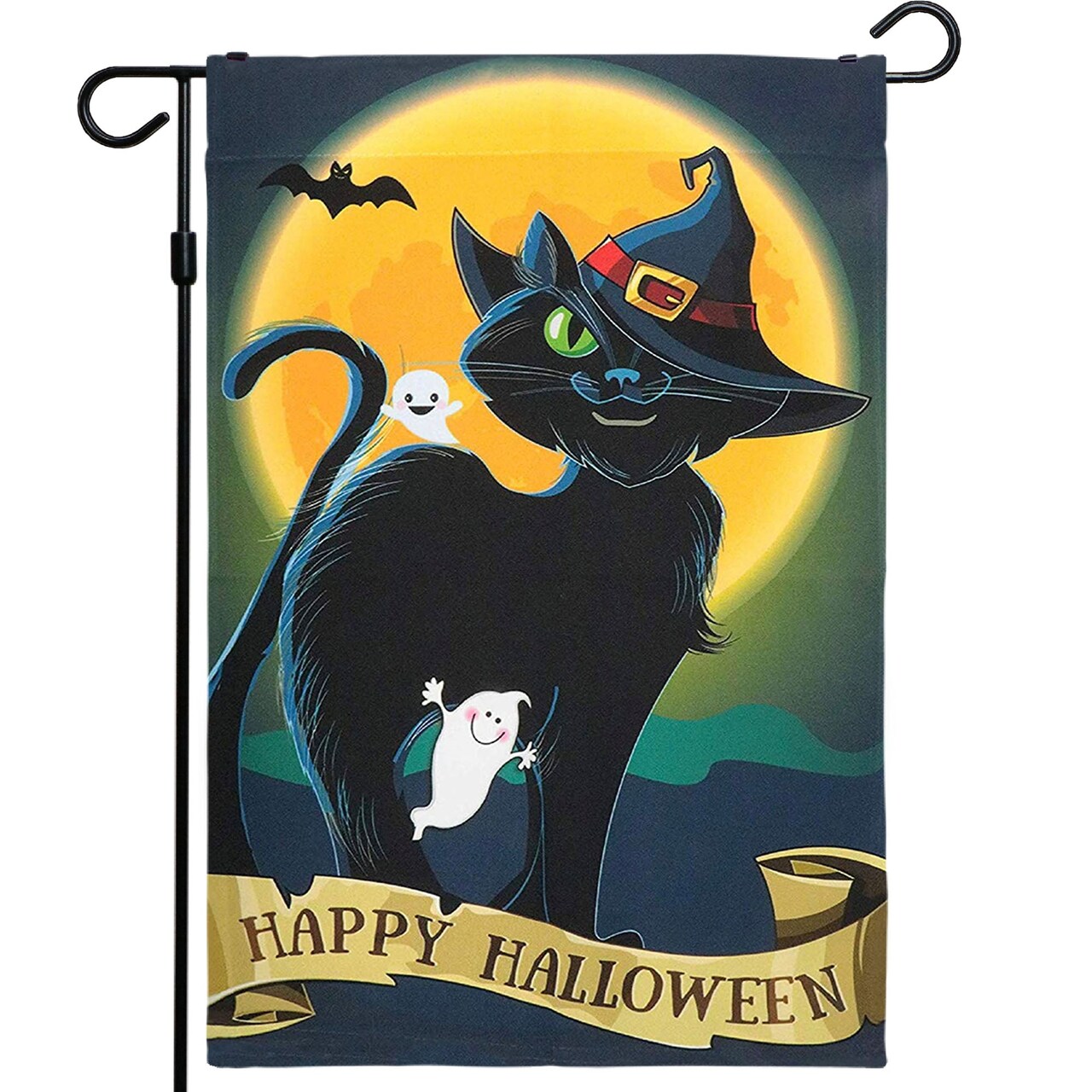 G128 - Halloween Garden Flag, Happy Halloween Quote with Black Cat Garden Yard Decorations, | 12x18 Inch | Printed 150D Polyester - Rustic Holiday Seasonal Outdoor Flag